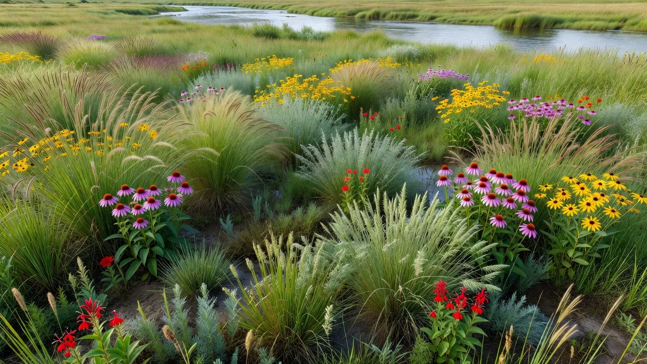 川沿いの草地にエキナセアやルドベキアなどの花が咲く景観